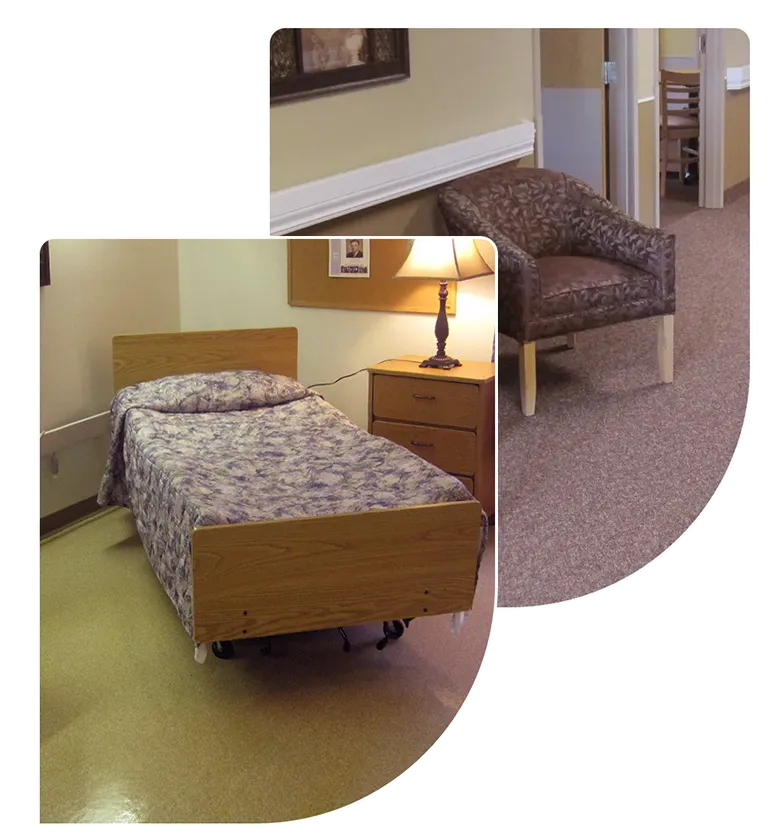 senior-care-conversation-windsor-house Nurse warmly talking to an elderly woman at Windsor House senior care community.