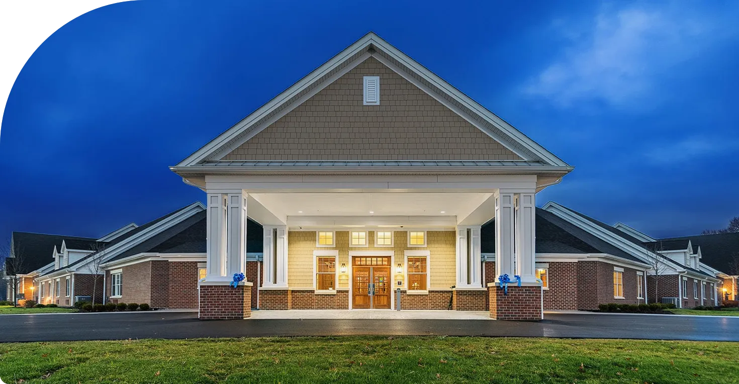 Beautiful facility exterior at night