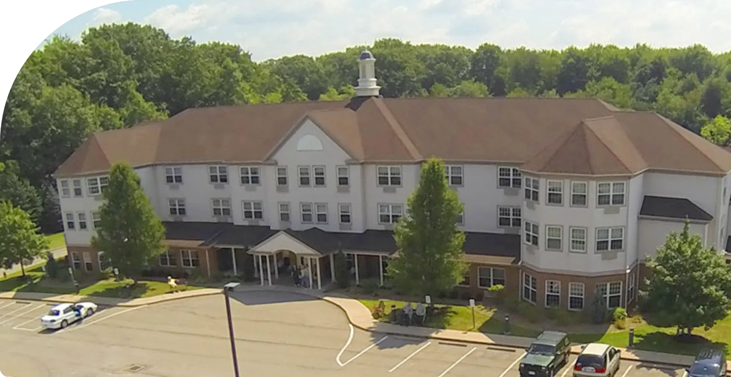Aerial front exterior of Liberty Arms facility