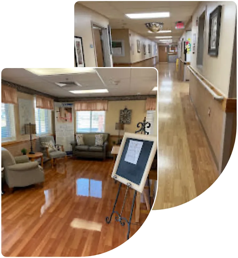 senior-care-conversation-windsor-house Nurse warmly talking to an elderly woman at Windsor House senior care community.