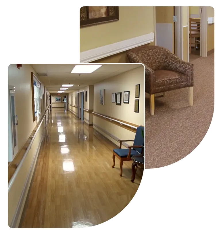 senior-care-conversation-windsor-house Nurse warmly talking to an elderly woman at Windsor House senior care community.