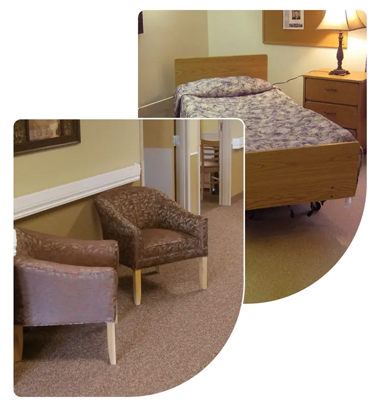 senior-care-conversation-windsor-house Nurse warmly talking to an elderly woman at Windsor House senior care community.
