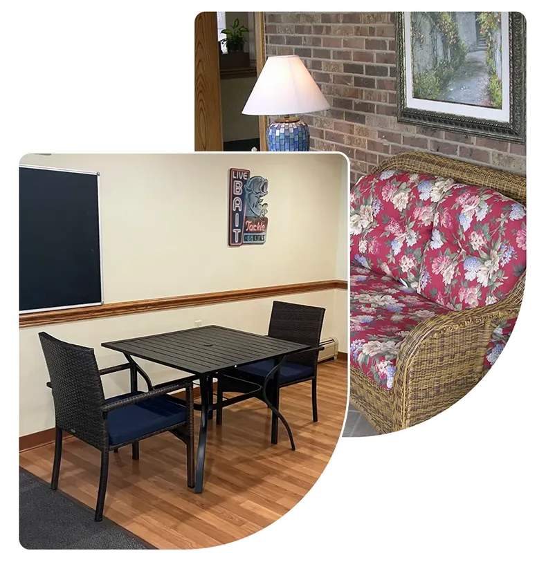 senior-care-conversation-windsor-house Nurse warmly talking to an elderly woman at Windsor House senior care community.