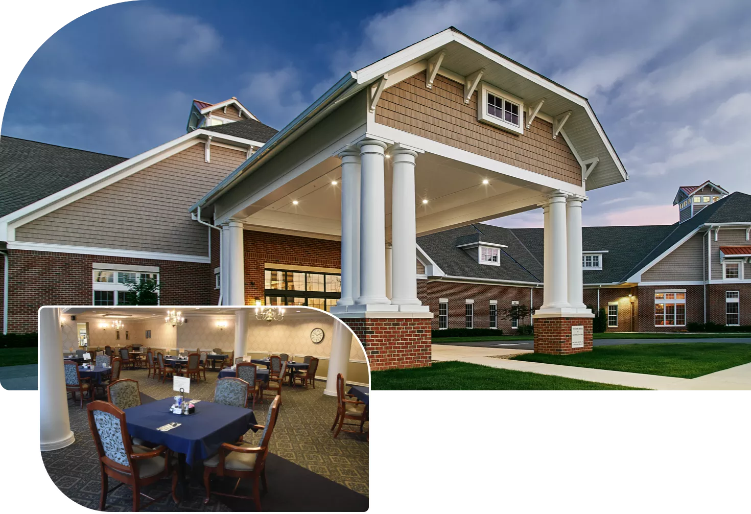 windsor-house-community-assisted-living beautiful facility exterior and an smiling elderly women exercising