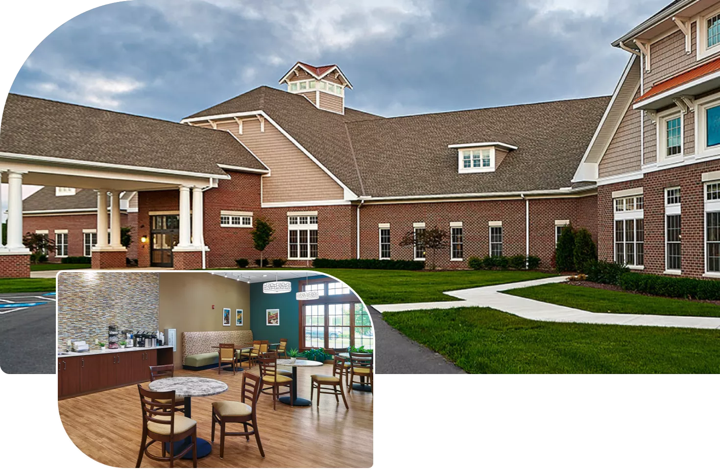windsor-house-community-retirement-facility beautiful facility exterior and an smiling elderly women exercising